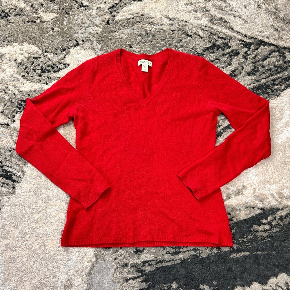 Adrienne Vittadini Sweater Womens Medium Red V Neck Cashmere Tight Knit Ribbed